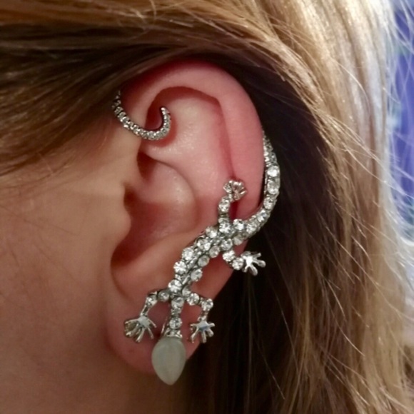 Gothic Punk Metal  Crystal Gecko Cuff Wrap Earring - Picture 6 of 8
